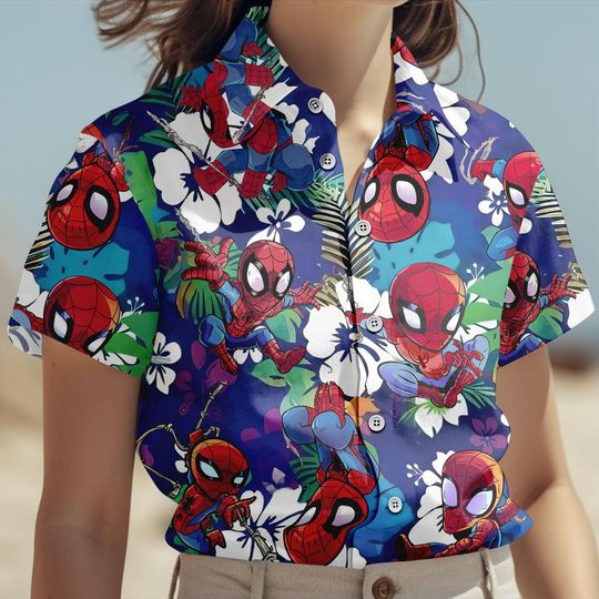 Spider Man Chibi Hawaiian Shirt, Marvel Superhero Tropical Beach Wear, Spiderman Summer Outfit
