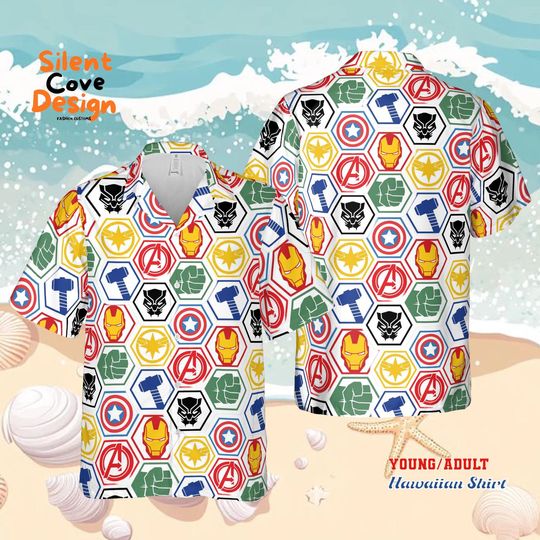 Marvel Avengers Hawaiian Shirt, Iron Man Captain America Thor Hulk Superhero Button Up Shirt