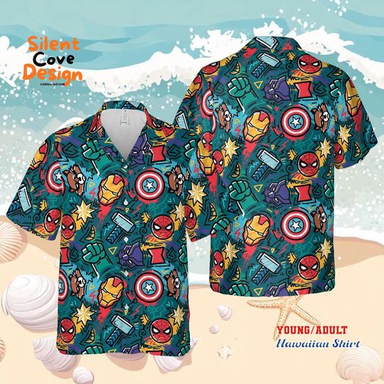 Marvel Superhero Hawaiian Shirt, Spider Man Iron Man Captain America Comic Button Up Shirt