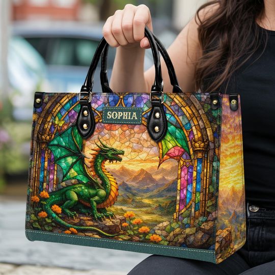 Discover Personalized Dragon Stained Glass Leather Handbag with Custom Name, Gothic Style Bag for Book and Dragon Lovers