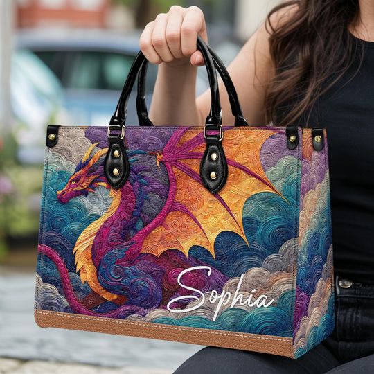 Discover Personalized Dragon Leather Handbag with Book Design, Custom Name Fantasy Reader Gift