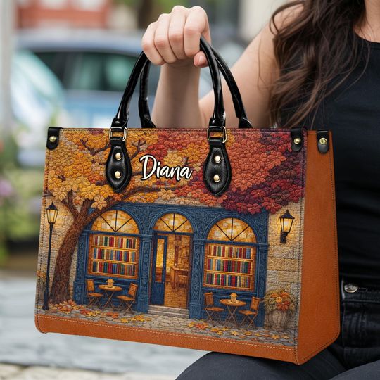 Discover Personalized Vintage Bookstore Leather Handbag with Custom Name - Bookish Leather Gift for Book Lovers