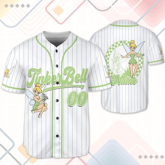 Custom Disney Tinker Bell Baseball Jersey, Disney Game Day Kid Adult Jersey, Gift For Baseball Fan Disney Princess Matching