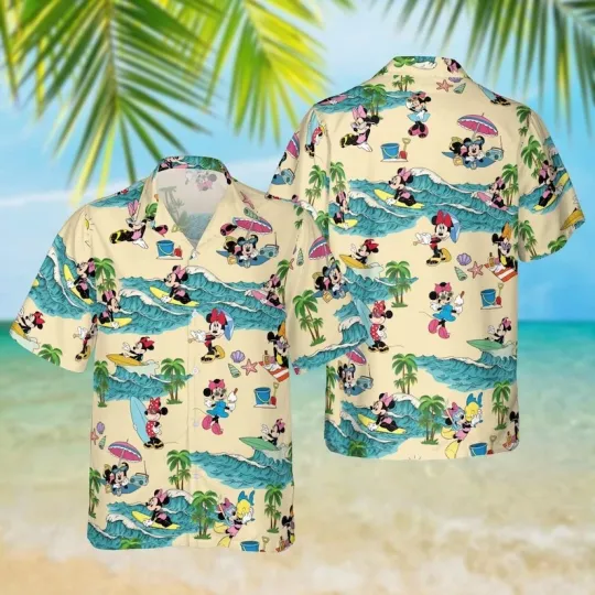 Discover Minnie Mouse Surfing Hawaiian Shirt with Tropical Palm Trees for Summer Beach Vacation