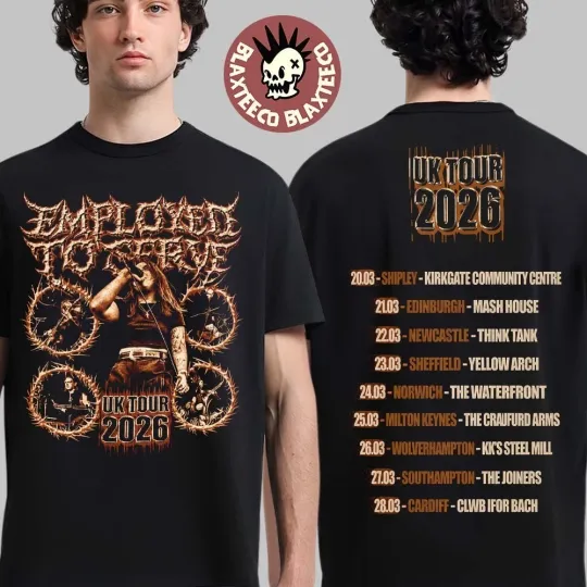 Discover Employed To Serve UK Tour 2026 Merch With Dates Back Two Sided T-Shirt