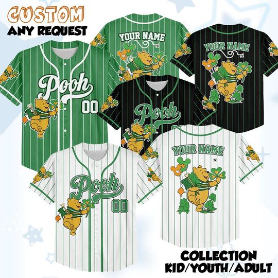 Discover Custom Pooh St. Patricks Day Baseball Jersey, Personalized Disney Winnie the Pooh Jersey Shirt, Disney Baseball Jersey, Gifts For Fans