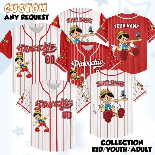 Discover Personalized Pinocchio Baseball Jersey, Custom Disney Pinocchio Shirt, Matching Family Outfit, Disneyland Baseball Team Outfit