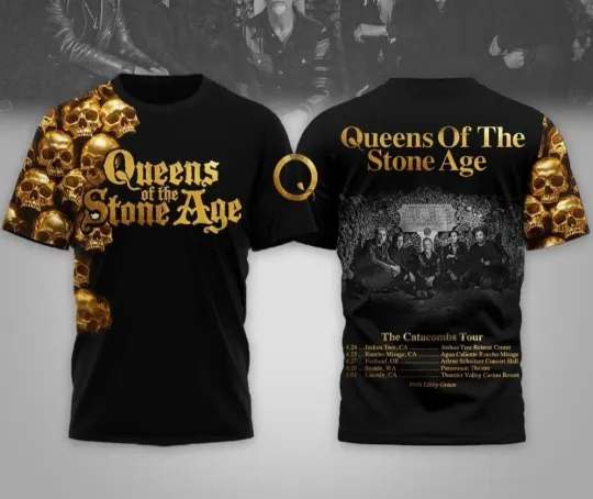 Discover Queens Of The Stone Age The Catacombs Tour Gold Skull 3D T-Shirt M894
