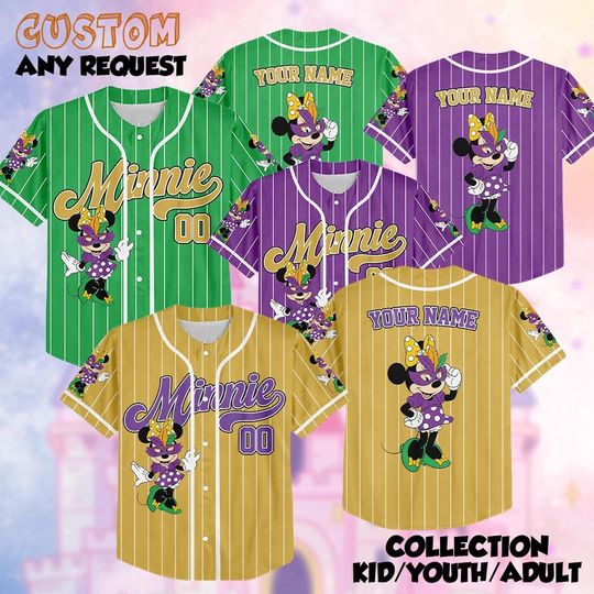 Discover Custom Minnie Mardi Gras Baseball Jersey, Disney Mickey And Friends Festival Shirt, New Orleans Trip Jersey, Disney World Family Trip