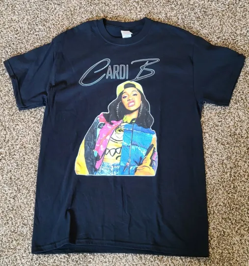 Discover Cardi B T-Shirt Unisex Medium Black Gildan Retro Hoop Earrings