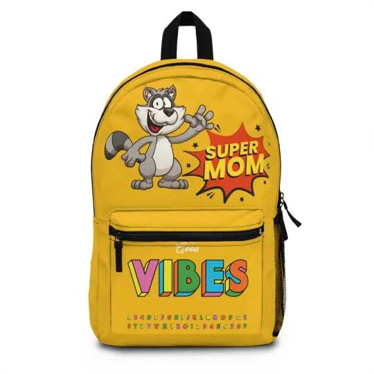 Discover Waving Raccoon VIBES Backpack Yellow Cartoon School Bag