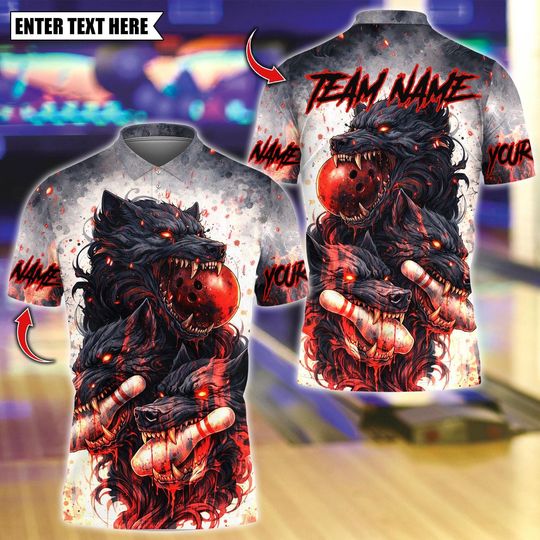 Discover Custom Bowling Team Polo Shirt with Angry Wolf Design for Men, Personalized Name and 3D Logo