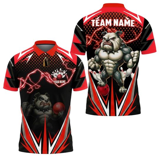 Discover Personalized Bulldog Bowling Polo Shirt with Custom Name, Red Black Strike Bowling League Uniform for Men Women