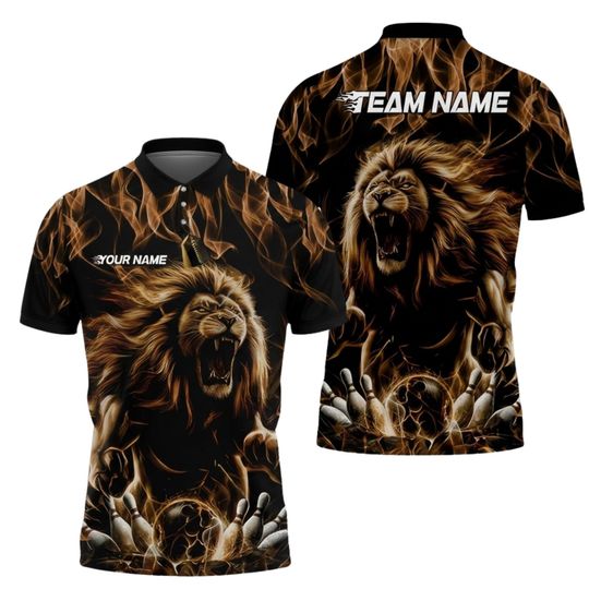 Discover Custom Lion Bowling Polo Shirt with Personalized Name and Team Name, Roaring Fire Bowling Jersey Black Collared Uniform Gift