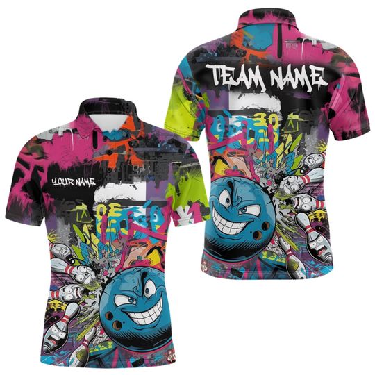 Discover Custom Graffiti Bowling Polo Shirt with Personalized Name and Team Name, Colorful Cartoon Bowling Ball Team Jersey Gift