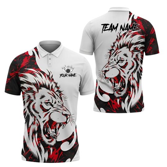 Discover Personalized Lion Bowling Team Polo Shirt, Custom Name Team Name Jersey, Red Black White Roaring Lion Sports Uniform Gift for Men Women