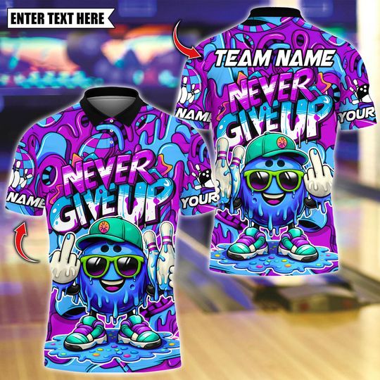 Discover Custom Bowling Team Polo Shirt, Never Give Up Cartoon Bowling Design, Personalized Bowling Jersey for Men