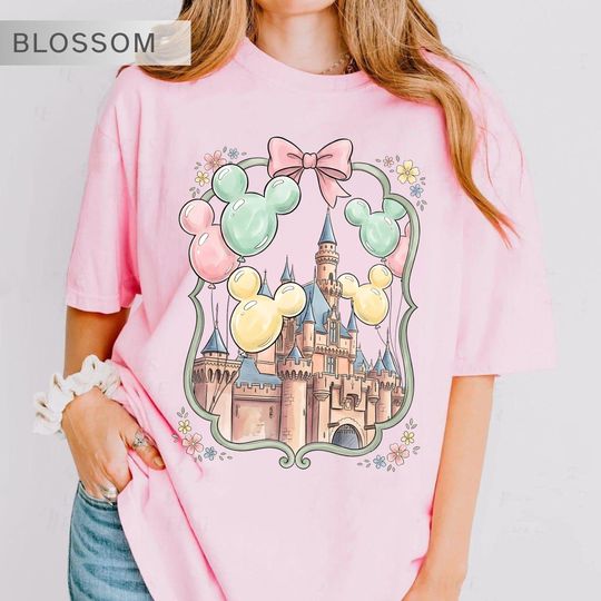 Discover Coquette Disney Castle Shirt, Pastel Mickey Balloon Bow Tee, Magical Kingdom Vacation Outfit, Cute Disney World Gift, Retro Disneyland Top
