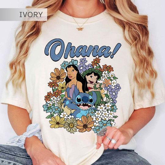 Discover Retro Stitch Ohana Floral Shirt, Lilo and Stitch Disney T-Shirt, Disneyland Family Vacation Matching Outfit, Magic Kingdom Disney Parks Tee