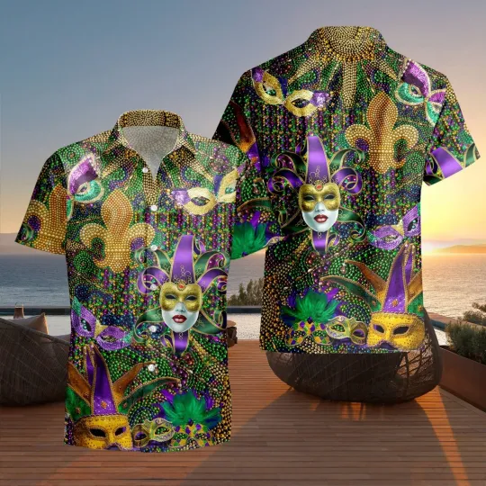 Discover Mardi Gras Festival Hawaiian Shirt Casual Button Down Shirt Beach Unisex