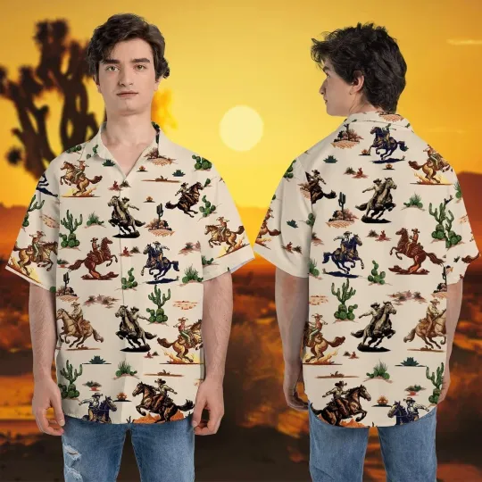Discover Western Cowboy Hawaiian Shirt Casual Button Down Shirt Beach Summer Unisex