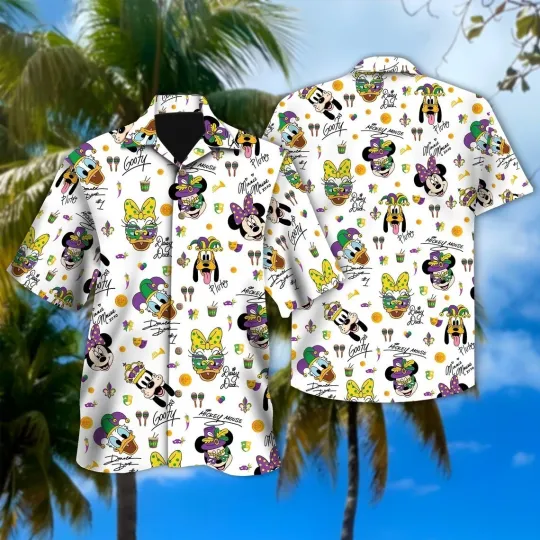 Discover Disney Mickey and Friends Signatures Mardi Gras Hawaiian Shirt Button Down Adult