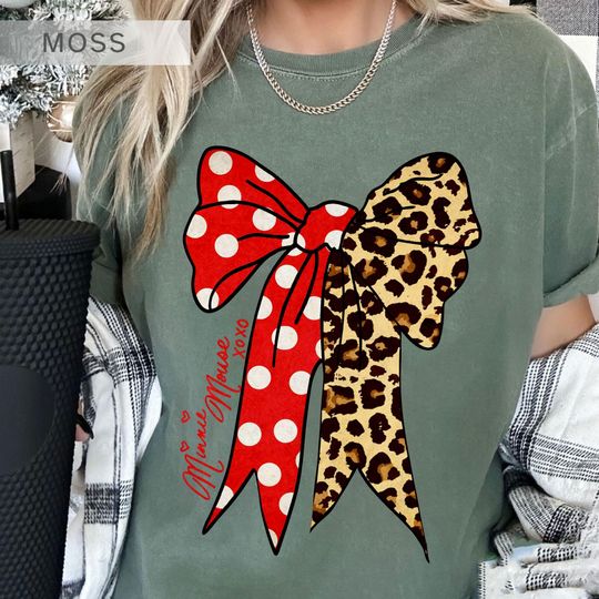 Discover Minnie Mouse Leopard Polka Dot Bow Shirt, Disney Coquette T-shirt, Trendy Disneyworld Trip Outfit, Disneyland Family Vacation Tee