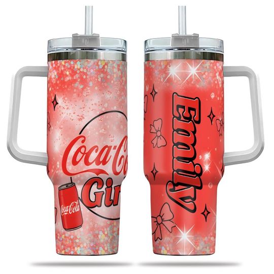 Discover Personalized Coca Cola Girly 40oz Tumbler With Handle, Red Glitter Cherry Bow Cup