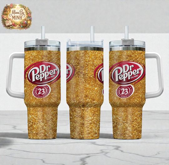 Discover 40 oz Tumbler with Handle - Gold Glitter Soda Style Retro Cola Drink Cup