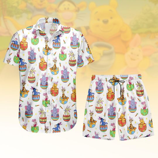 Discover Disney Easter Button Shirt, Pooh And Friends Man Short, Pooh Eeyore Piglet Shirt, Disneyland Easter Gift