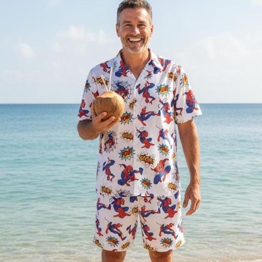 Superhero Marvel Aloha Hawaiian Summer  Adult Shirt, Spider Vacation Outfit