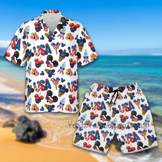 Discover USA Themed Hawaiian Shirt, Patriotic Mickey Mouse Print, Celebration Apparel