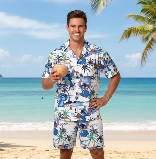 Discover Cartoon Blue Monster Stitch Hawaiian Shirt, Disney Family Summer Vacation Trip