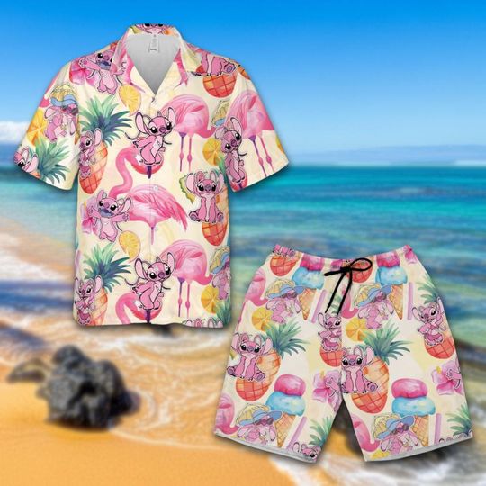 Discover Cartoon Hawaiian Pink Angel Stitch Monster Adult Shirt, Summer Vacation Trip