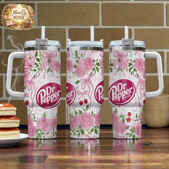 Dr Pepper Floral Tumbler 40oz, Pink Rose Bow Cherry Soda Cup, Girly Aesthetic Insulated Travel Mug with Handle, Gift for Her