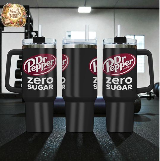 Discover Zero Sugar Soda Style Tumbler 40oz, Black Matte Insulated Travel Mug with Handle Straw, Fitness Drink Cup Gift for Beverage Lovers
