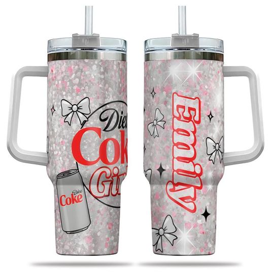 Discover Silver Glitter Soda Girl Tumbler 40oz, Diet Coke Inspired Cup With Handle, Cute Cherry Bow Design, Personalized Aesthetic Drinkware