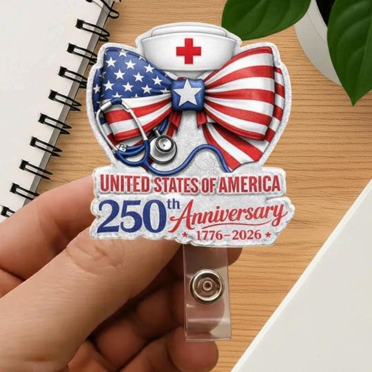 Stethoscope Bow USA 250 Years Anniversary Badge Reel, 17762026 America Flag ID Holder, Fourth of July Patriotic Nurse Medical Gift