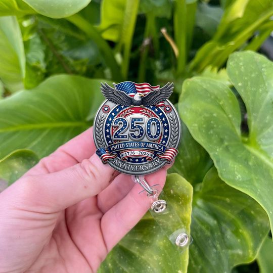 Badge Reel: Retractable ID Holder 1776-2026 Semiquincentennial, Patriotic Eagle & Wreath Design