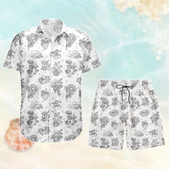 Discover Botanical Mushroom Hawaiian Shirt, Floral Strawberry Button Shirt, Shorts Men, Retro Nature Love Vacation Shirt, Summer Outfit
