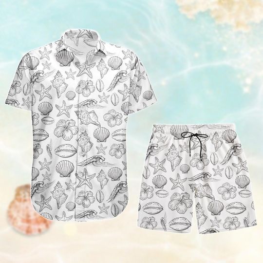 Discover Vintage Seashell Hawaiian Shirt, Starfish Shell Button Shirt, Beach Shorts Men, Retro Coastal Marine Vacation Shirt, Summer Outfit