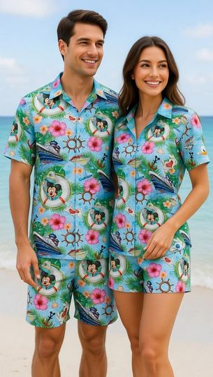 Discover Tropical Mickey Cruise Outfit with Cartoon Nautical Elements, Summer Beach Vacation Wear, Fun Resort Holiday Style