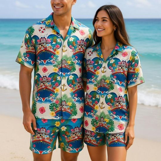 Discover Tropical Disney Cruise Outfit with Mickey and Friends, Cartoon Ship Print Hawaiian Shirt and Shorts, Summer Holiday Resort Style