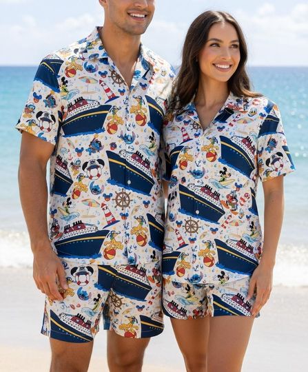 Discover Disney Cruise Mickey And Friends Hawaiian Shirt Set, Tropical Cartoon Matching Outfit, Summer Vacation Resort Wear, Fun Beach Cruise Style