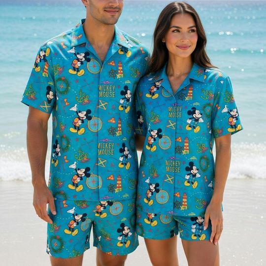 Discover Mickey Mouse Cruise Hawaiian Shirt Set, Tropical Disney Matching Outfit, Summer Vacation Resort Wear, Cute Cartoon Aloha Shirt Set