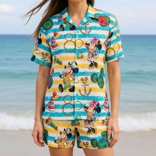 Discover Mickey Minnie Nautical Hawaiian Shirt Set, Matching Tropical Disney Outfit, Beach Vacation Couple Set, Summer Cruise Aloha Shirt and Shorts