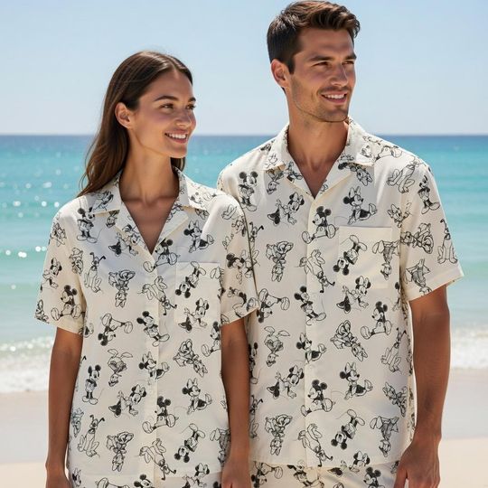Discover Vintage Disney Mickey And Friends Sketch Button Up, Mickey Hawaiian Shirt, Disney Family Summer Matching Shirt, Disneyland Trip Shirt