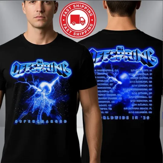 Discover The Offspring Supercharged Worldwide 2026 Skeleton Tour Dates 2-Sided Tee
