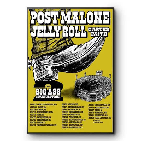 Post Malone Jelly Roll Big Ass Stadium Tour Concert Poster Vertical Wall Art