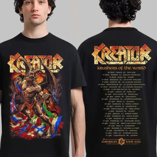 Discover Kreator Krushers Of The World European Tour 2026 Merch Demon With Flags T-Shirt